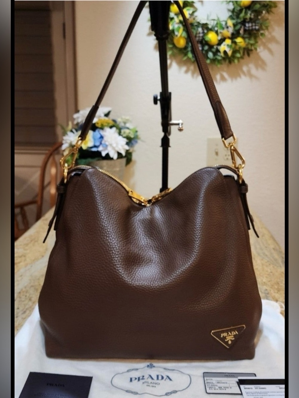 Large Prada Vitello Daino Brown Pebbled Leather Shoulder Bag Gold Hardware